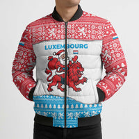 Luxembourg Christmas Bomber Puffer Jacket with Santa Claus Red Lion Snowflake Pattern and National Flag Design - Wonder Print Shop