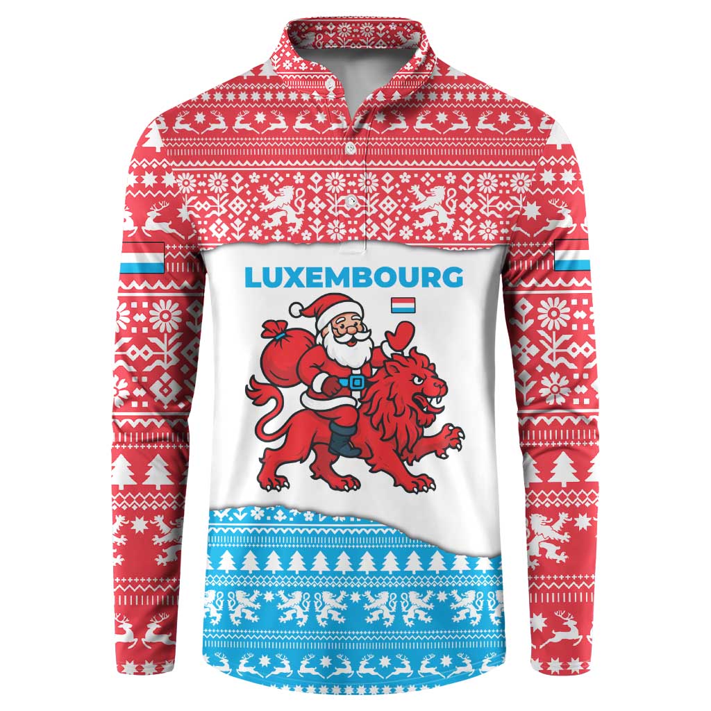 Luxembourg Christmas Button Sweatshirt with Santa Claus Red Lion Snowflake Pattern and National Flag Design - Wonder Print Shop