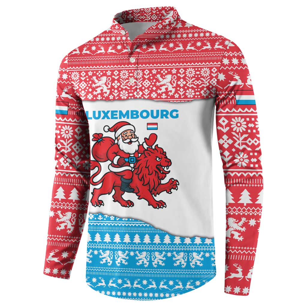 Luxembourg Christmas Button Sweatshirt with Santa Claus Red Lion Snowflake Pattern and National Flag Design - Wonder Print Shop