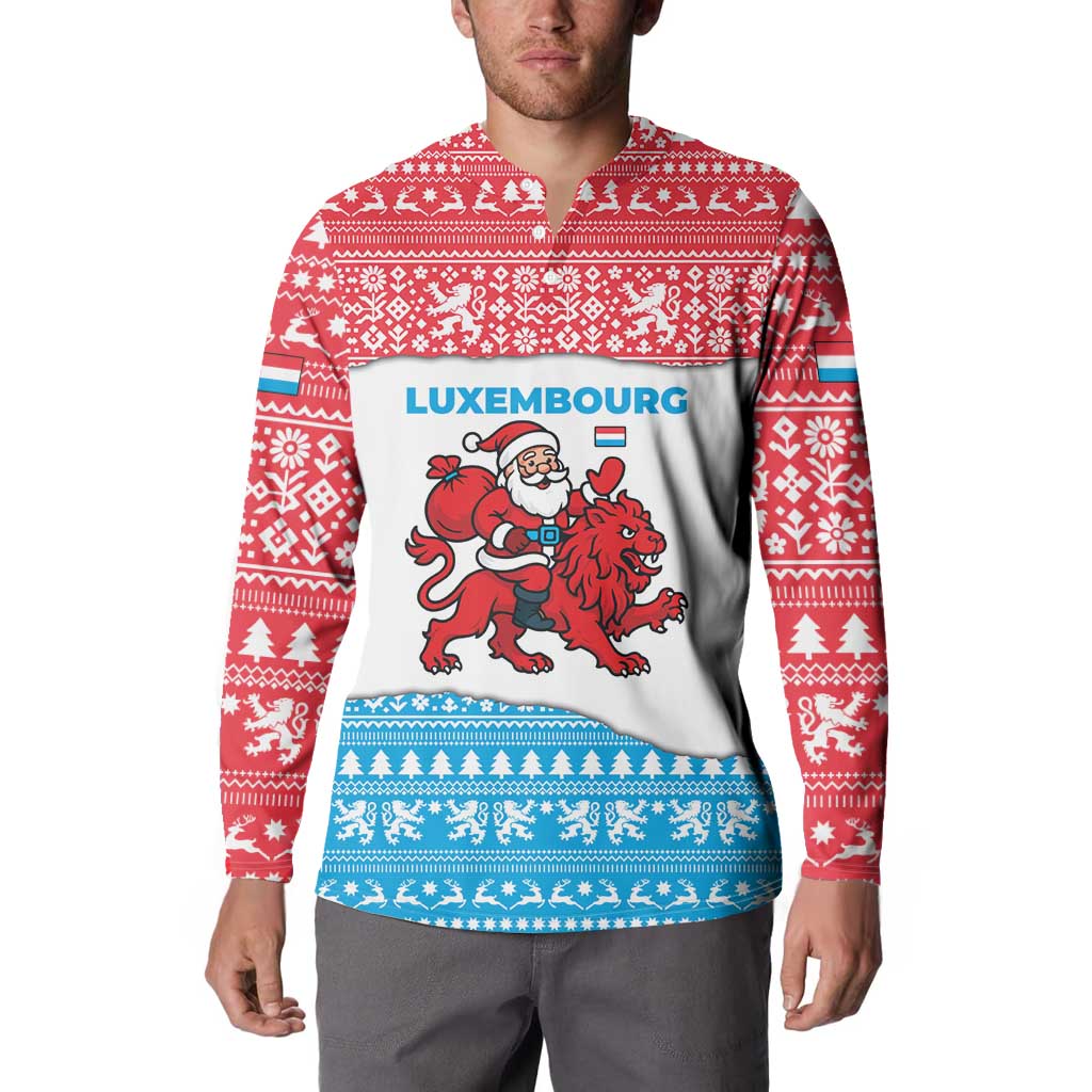 Luxembourg Christmas Button Sweatshirt with Santa Claus Red Lion Snowflake Pattern and National Flag Design - Wonder Print Shop