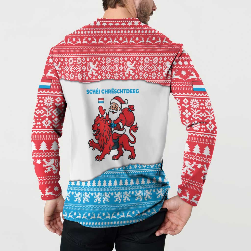 Luxembourg Christmas Button Sweatshirt with Santa Claus Red Lion Snowflake Pattern and National Flag Design - Wonder Print Shop