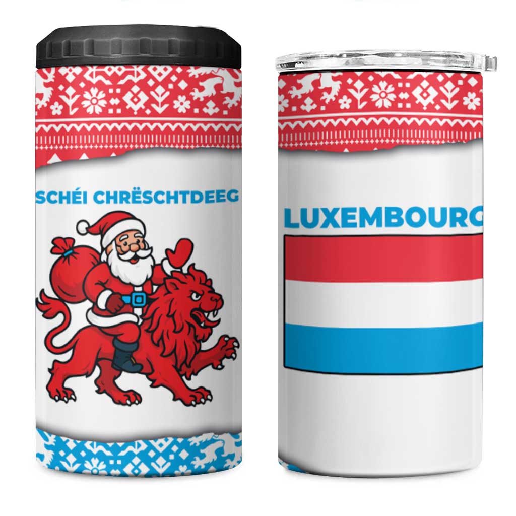 Luxembourg Christmas 4 in 1 Can Cooler Tumbler with Santa Claus Red Lion Snowflake Pattern and National Flag Design - Wonder Print Shop