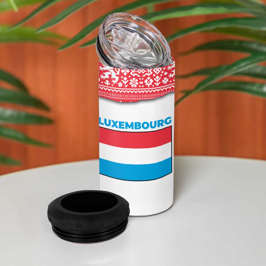 Luxembourg Christmas 4 in 1 Can Cooler Tumbler with Santa Claus Red Lion Snowflake Pattern and National Flag Design - Wonder Print Shop