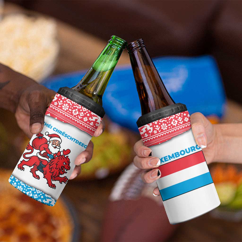 Luxembourg Christmas 4 in 1 Can Cooler Tumbler with Santa Claus Red Lion Snowflake Pattern and National Flag Design - Wonder Print Shop