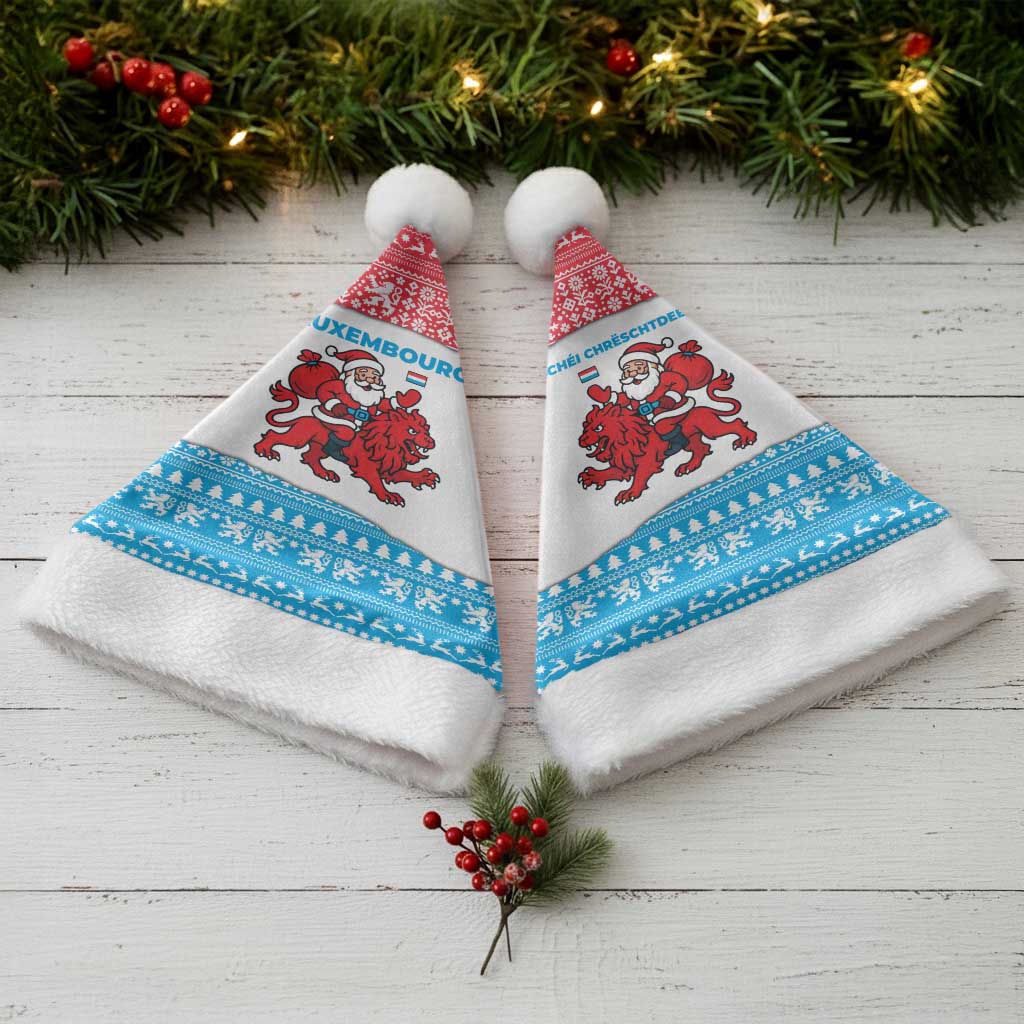 Luxembourg Christmas Santa Hat with Santa Claus Red Lion Snowflake Pattern and National Flag Design - Wonder Print Shop