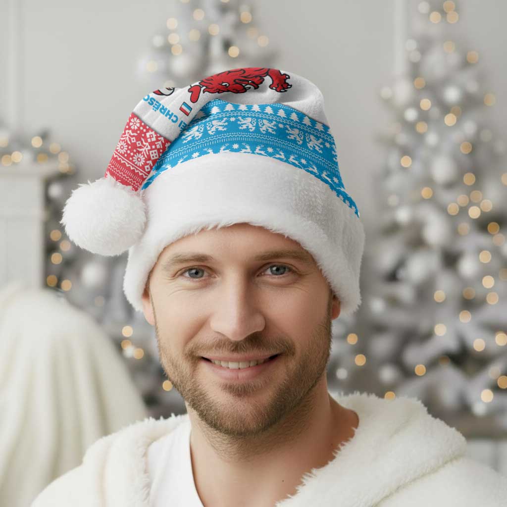 Luxembourg Christmas Santa Hat with Santa Claus Red Lion Snowflake Pattern and National Flag Design - Wonder Print Shop