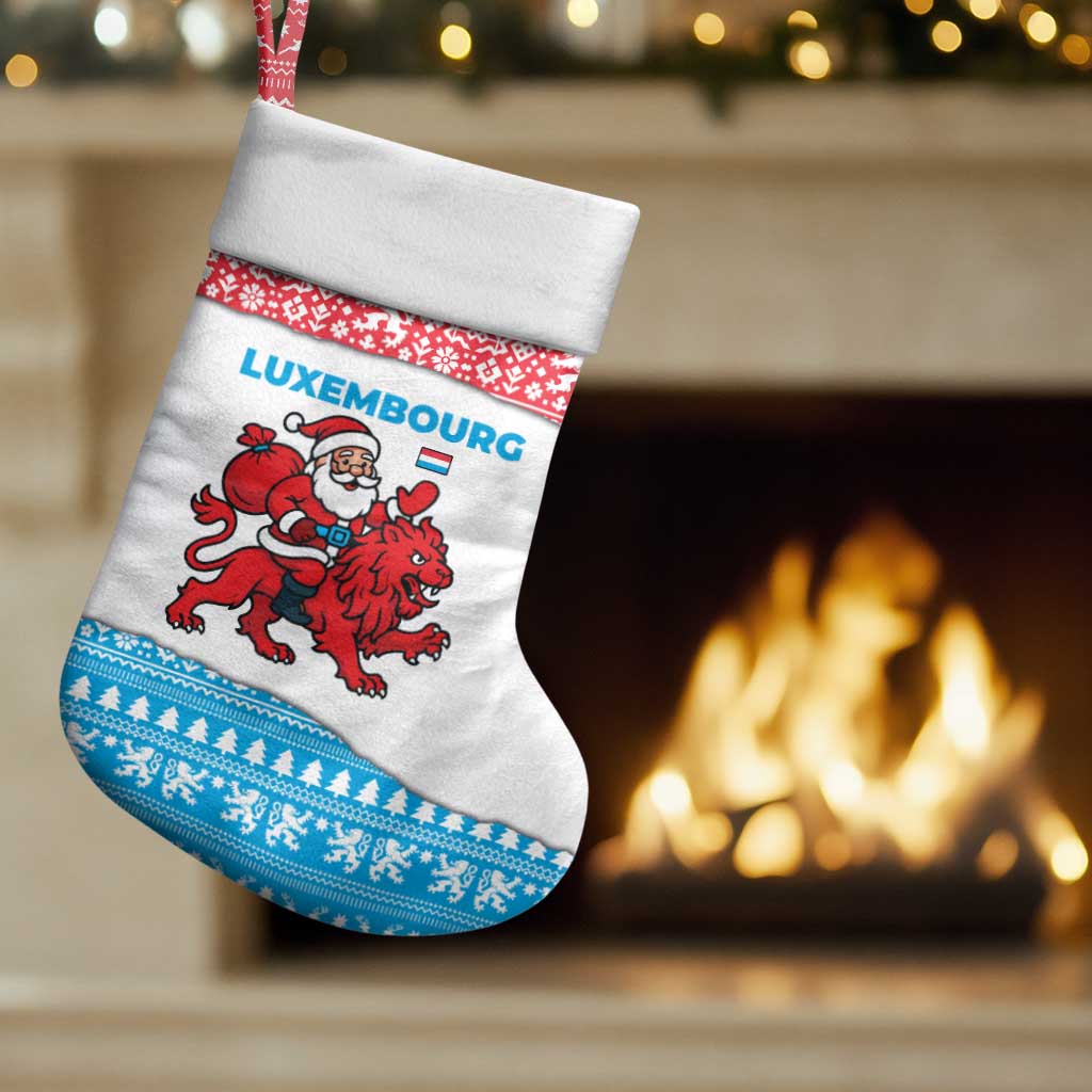 Luxembourg Christmas Stocking with Santa Claus Red Lion Snowflake Pattern and National Flag Design - Wonder Print Shop