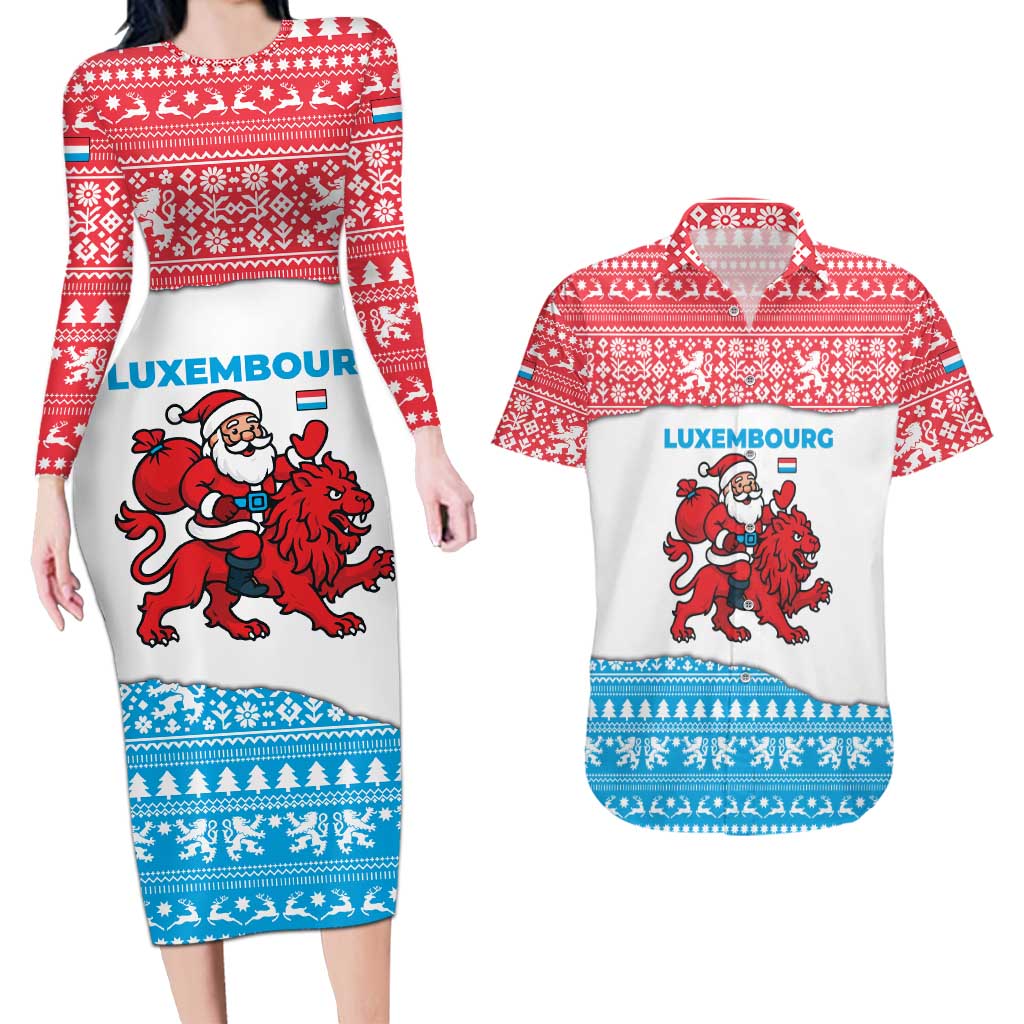 Luxembourg Christmas Couples Matching Long Sleeve Bodycon Dress and Hawaiian Shirt with Santa Claus Red Lion Snowflake Pattern and National Flag Design - Wonder Print Shop