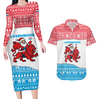 Luxembourg Christmas Couples Matching Long Sleeve Bodycon Dress and Hawaiian Shirt with Santa Claus Red Lion Snowflake Pattern and National Flag Design - Wonder Print Shop