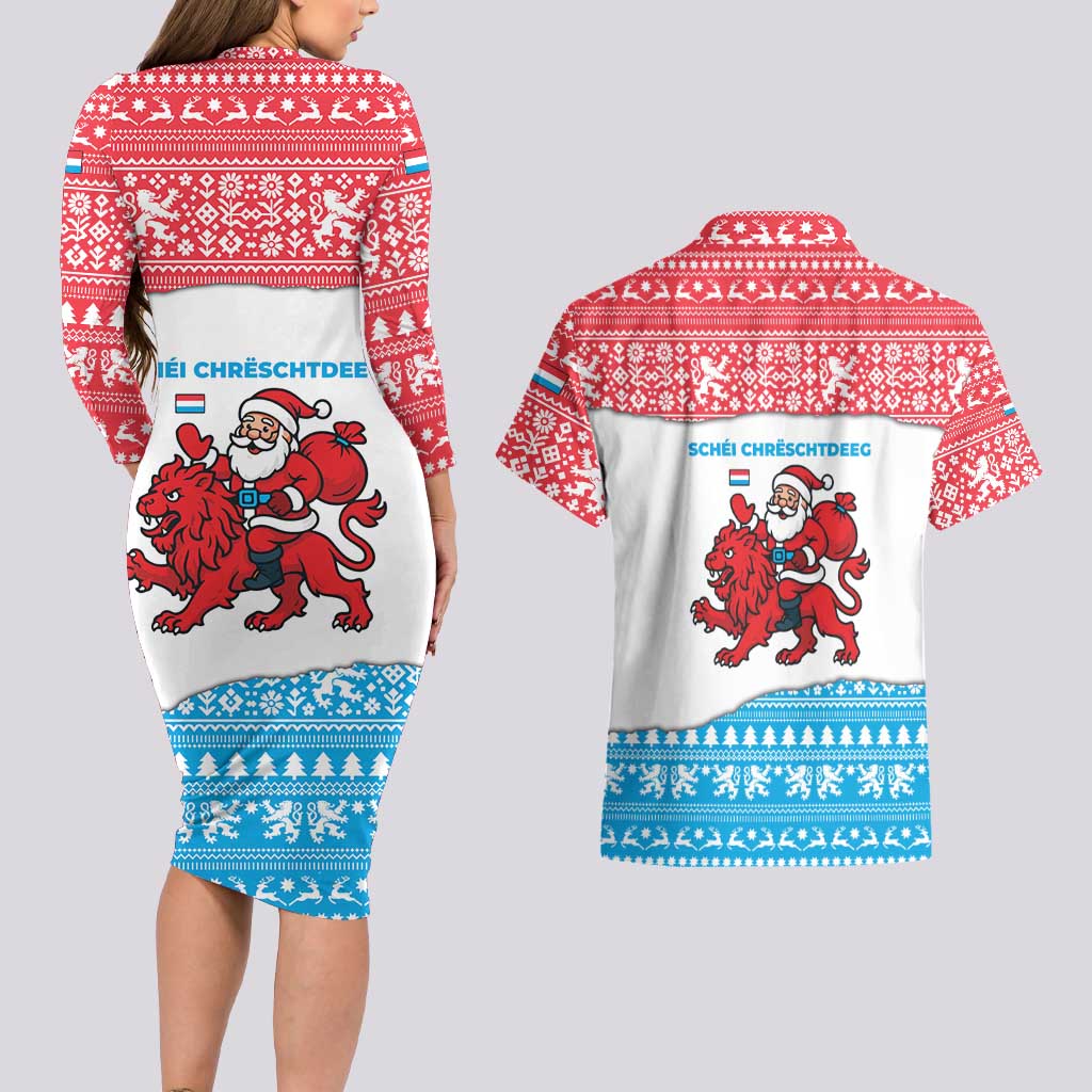 Luxembourg Christmas Couples Matching Long Sleeve Bodycon Dress and Hawaiian Shirt with Santa Claus Red Lion Snowflake Pattern and National Flag Design - Wonder Print Shop
