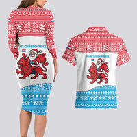 Luxembourg Christmas Couples Matching Long Sleeve Bodycon Dress and Hawaiian Shirt with Santa Claus Red Lion Snowflake Pattern and National Flag Design - Wonder Print Shop