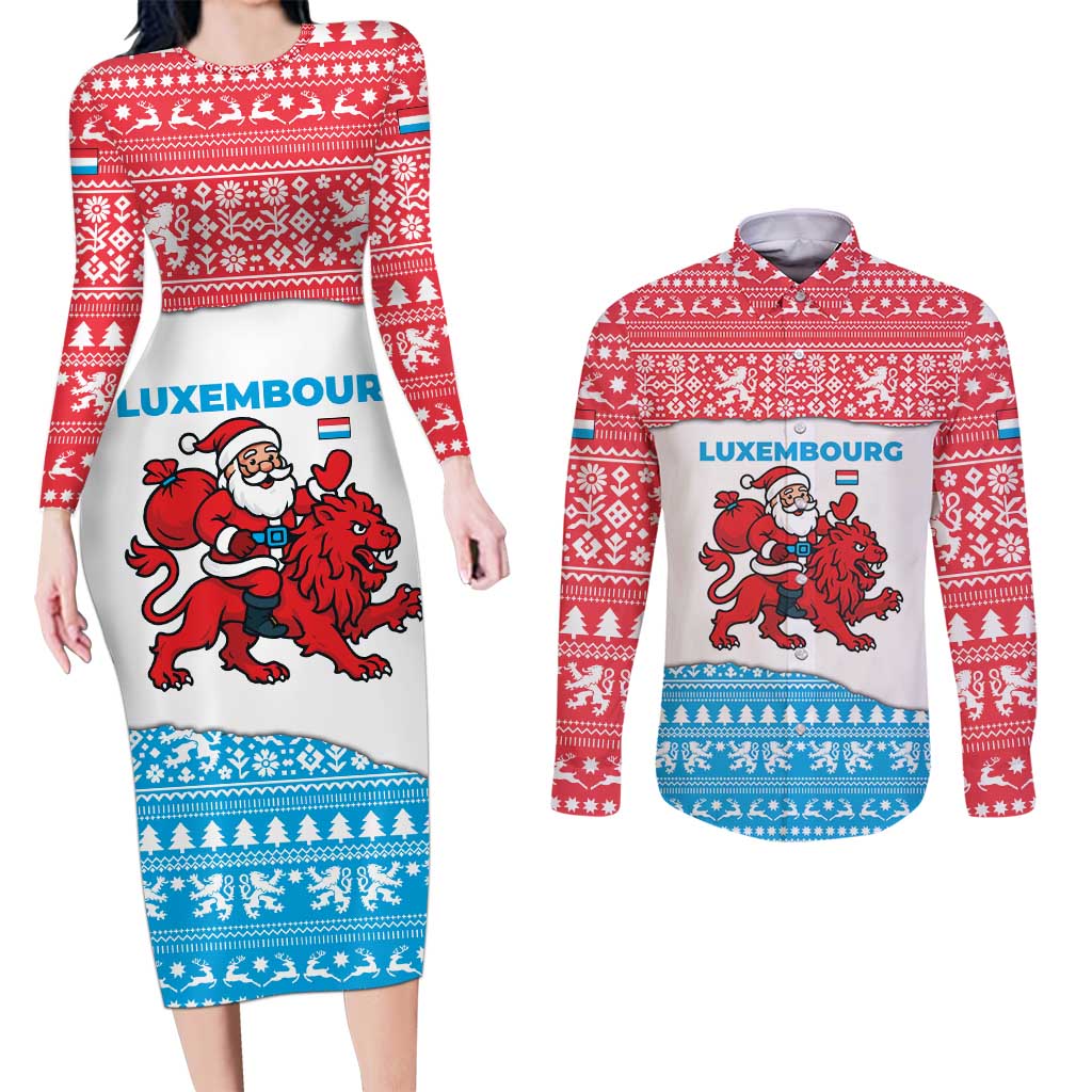 Luxembourg Christmas Couples Matching Long Sleeve Bodycon Dress and Long Sleeve Button Shirt with Santa Claus Red Lion Snowflake Pattern and National Flag Design - Wonder Print Shop