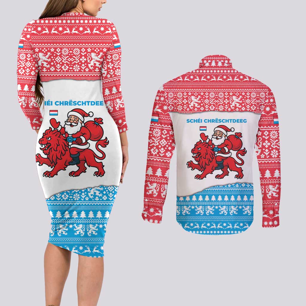 Luxembourg Christmas Couples Matching Long Sleeve Bodycon Dress and Long Sleeve Button Shirt with Santa Claus Red Lion Snowflake Pattern and National Flag Design - Wonder Print Shop