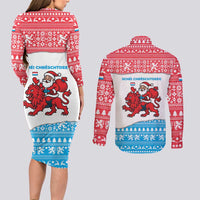 Luxembourg Christmas Couples Matching Long Sleeve Bodycon Dress and Long Sleeve Button Shirt with Santa Claus Red Lion Snowflake Pattern and National Flag Design - Wonder Print Shop