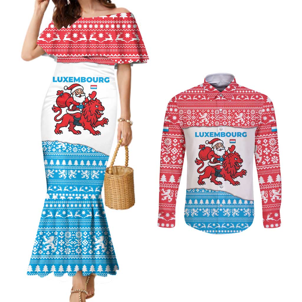 Luxembourg Christmas Couples Matching Mermaid Dress and Long Sleeve Button Shirt with Santa Claus Red Lion Snowflake Pattern and National Flag Design - Wonder Print Shop