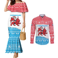 Luxembourg Christmas Couples Matching Mermaid Dress and Long Sleeve Button Shirt with Santa Claus Red Lion Snowflake Pattern and National Flag Design - Wonder Print Shop