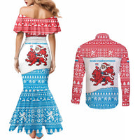 Luxembourg Christmas Couples Matching Mermaid Dress and Long Sleeve Button Shirt with Santa Claus Red Lion Snowflake Pattern and National Flag Design - Wonder Print Shop