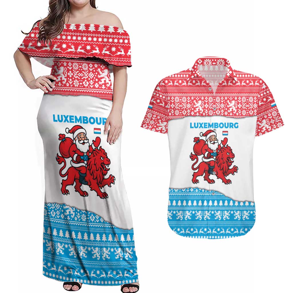 Luxembourg Christmas Couples Matching Off Shoulder Maxi Dress and Hawaiian Shirt with Santa Claus Red Lion Snowflake Pattern and National Flag Design - Wonder Print Shop