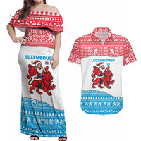 Luxembourg Christmas Couples Matching Off Shoulder Maxi Dress and Hawaiian Shirt with Santa Claus Red Lion Snowflake Pattern and National Flag Design - Wonder Print Shop