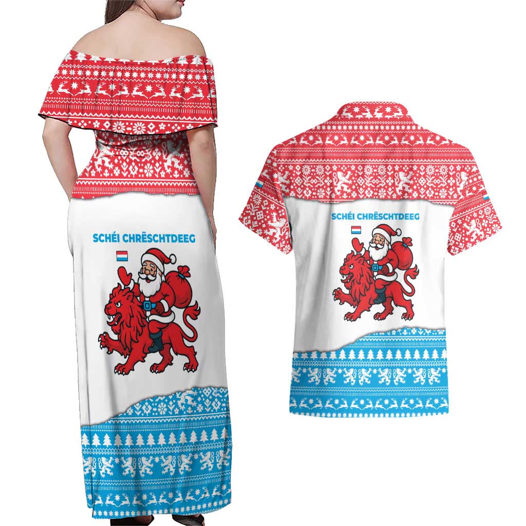 Luxembourg Christmas Couples Matching Off Shoulder Maxi Dress and Hawaiian Shirt with Santa Claus Red Lion Snowflake Pattern and National Flag Design - Wonder Print Shop