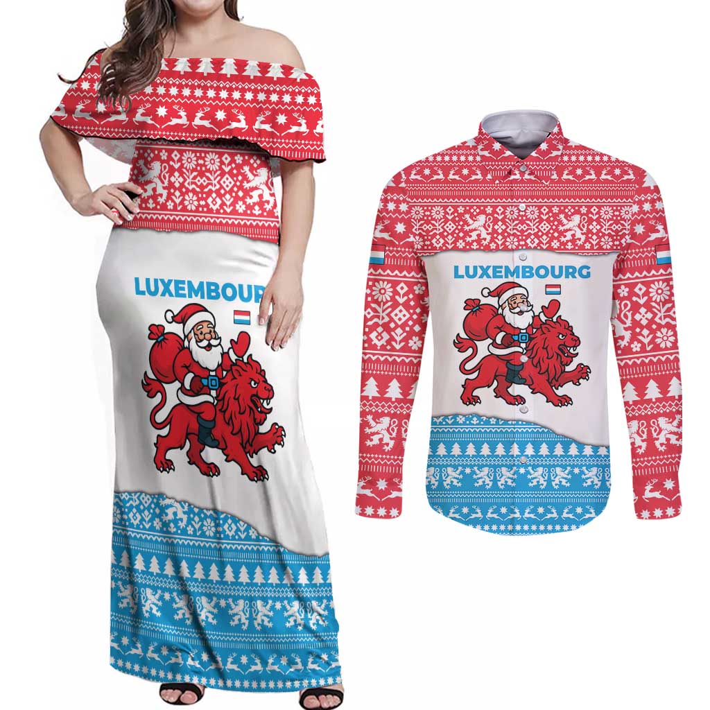 Luxembourg Christmas Couples Matching Off Shoulder Maxi Dress and Long Sleeve Button Shirt with Santa Claus Red Lion Snowflake Pattern and National Flag Design - Wonder Print Shop
