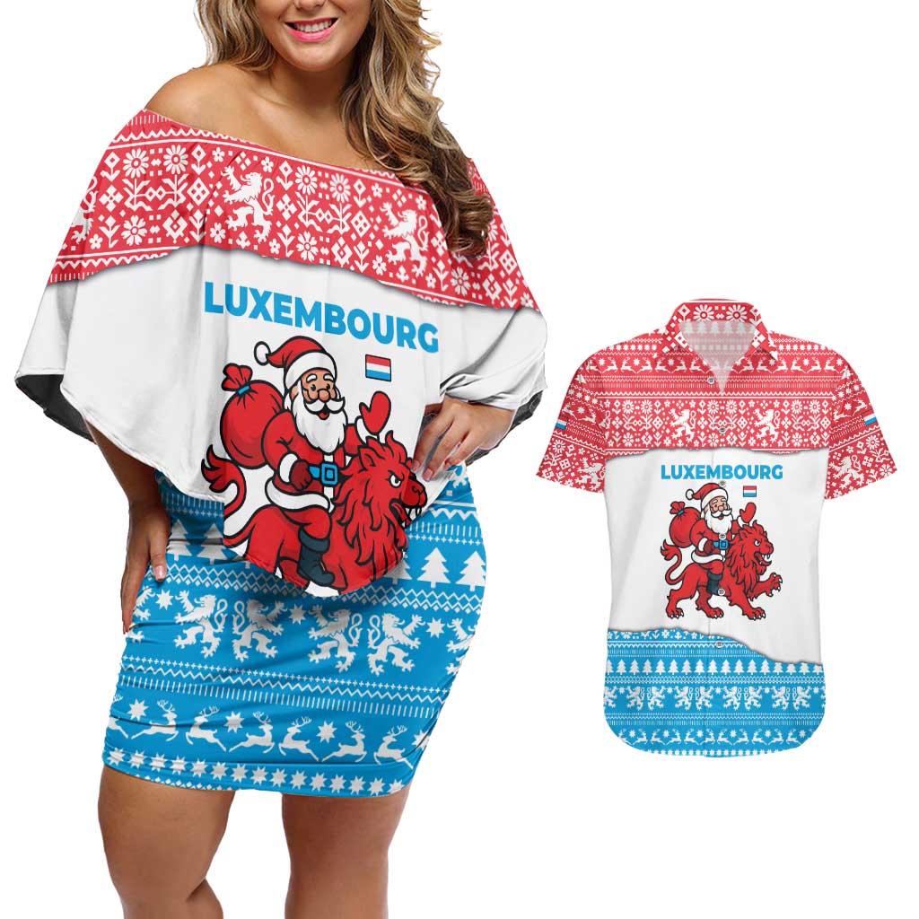 Luxembourg Christmas Couples Matching Off Shoulder Short Dress and Hawaiian Shirt with Santa Claus Red Lion Snowflake Pattern and National Flag Design - Wonder Print Shop
