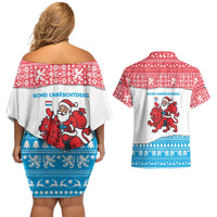 Luxembourg Christmas Couples Matching Off Shoulder Short Dress and Hawaiian Shirt with Santa Claus Red Lion Snowflake Pattern and National Flag Design - Wonder Print Shop