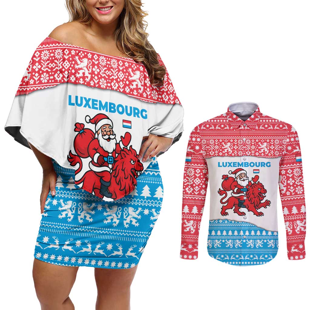 Luxembourg Christmas Couples Matching Off Shoulder Short Dress and Long Sleeve Button Shirt with Santa Claus Red Lion Snowflake Pattern and National Flag Design - Wonder Print Shop