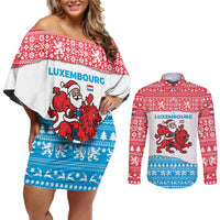 Luxembourg Christmas Couples Matching Off Shoulder Short Dress and Long Sleeve Button Shirt with Santa Claus Red Lion Snowflake Pattern and National Flag Design - Wonder Print Shop