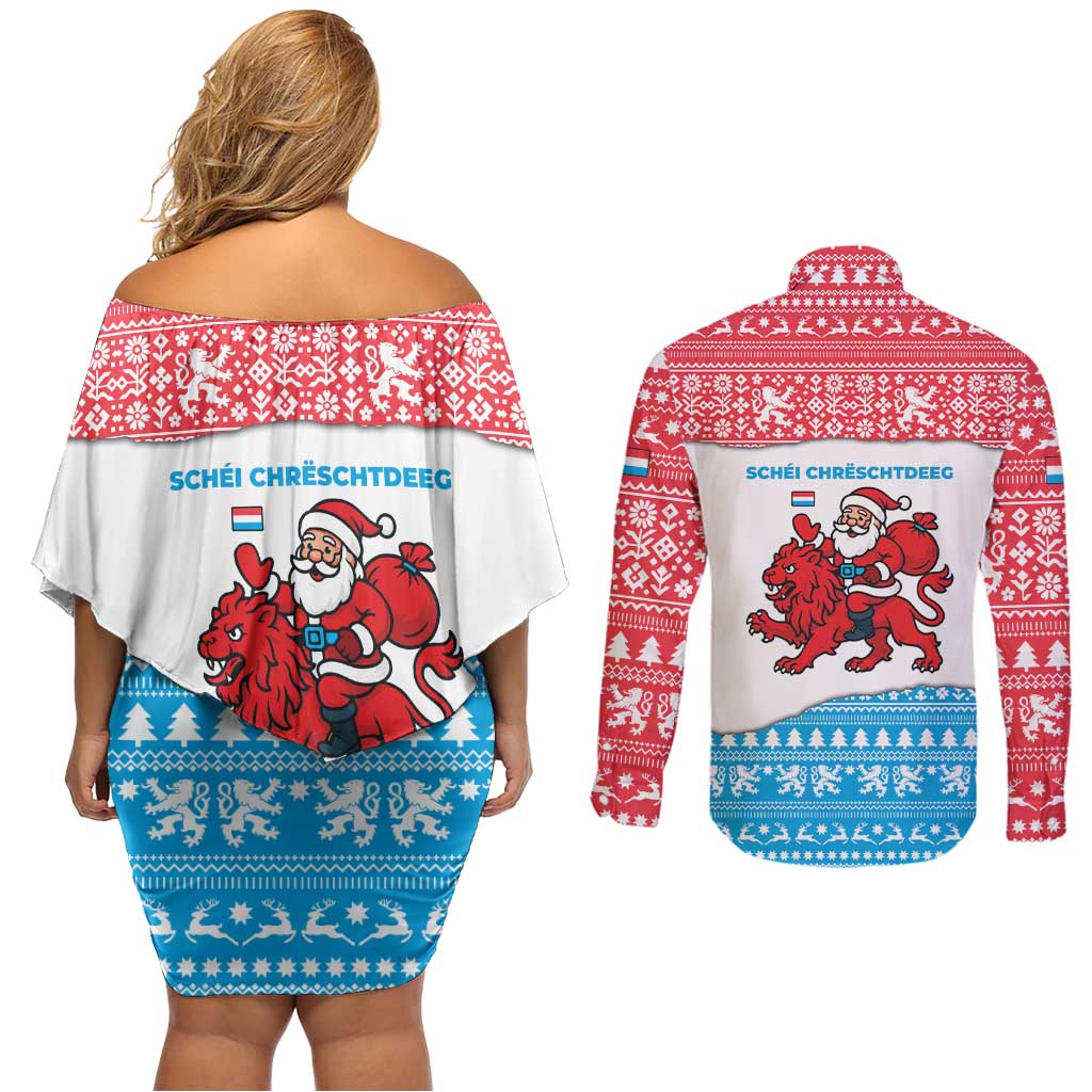Luxembourg Christmas Couples Matching Off Shoulder Short Dress and Long Sleeve Button Shirt with Santa Claus Red Lion Snowflake Pattern and National Flag Design - Wonder Print Shop