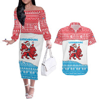 Luxembourg Christmas Couples Matching Off The Shoulder Long Sleeve Dress and Hawaiian Shirt with Santa Claus Red Lion Snowflake Pattern and National Flag Design - Wonder Print Shop