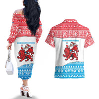 Luxembourg Christmas Couples Matching Off The Shoulder Long Sleeve Dress and Hawaiian Shirt with Santa Claus Red Lion Snowflake Pattern and National Flag Design - Wonder Print Shop