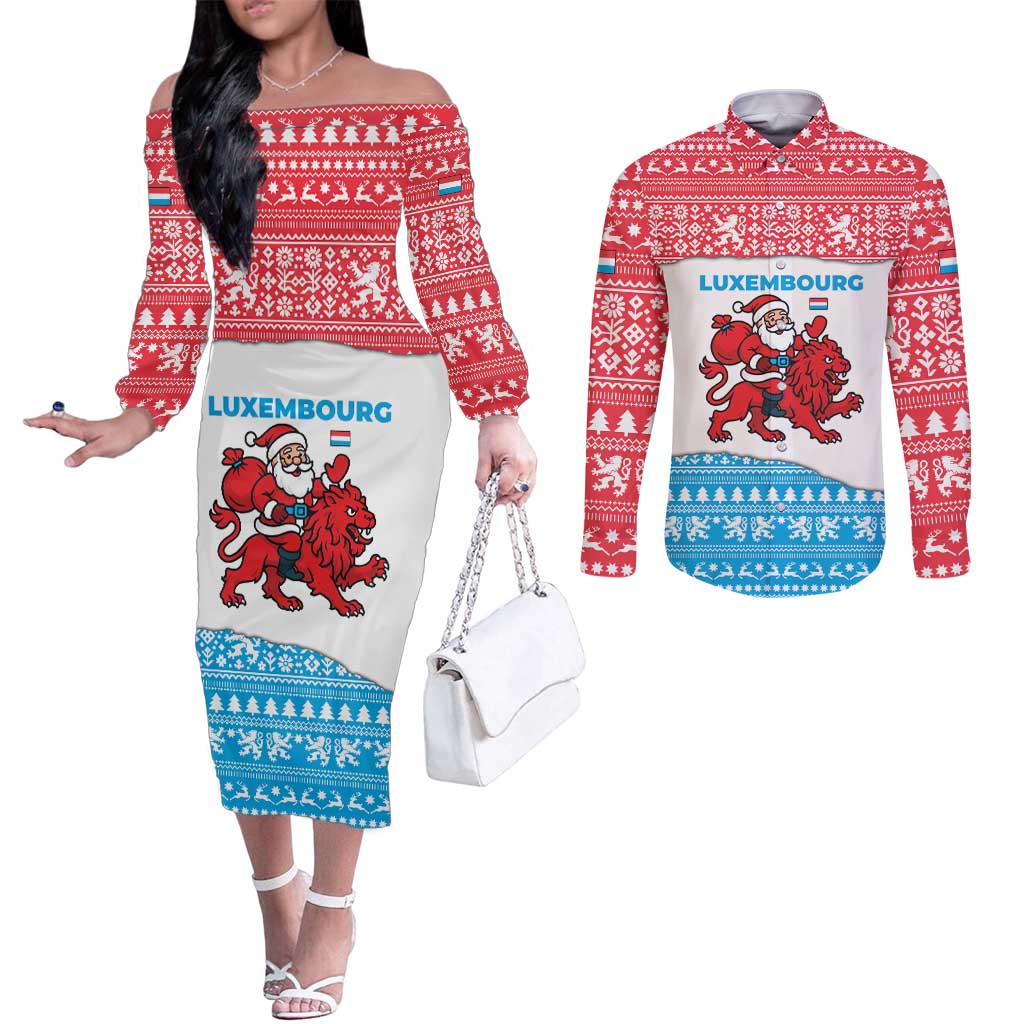 Luxembourg Christmas Couples Matching Off The Shoulder Long Sleeve Dress and Long Sleeve Button Shirt with Santa Claus Red Lion Snowflake Pattern and National Flag Design - Wonder Print Shop