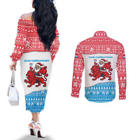 Luxembourg Christmas Couples Matching Off The Shoulder Long Sleeve Dress and Long Sleeve Button Shirt with Santa Claus Red Lion Snowflake Pattern and National Flag Design - Wonder Print Shop