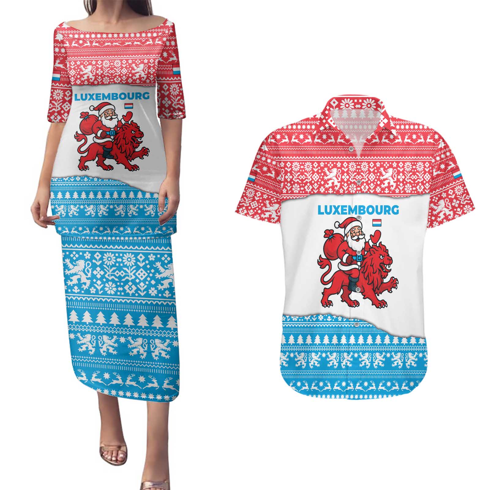 Luxembourg Christmas Couples Matching Puletasi and Hawaiian Shirt with Santa Claus Red Lion Snowflake Pattern and National Flag Design - Wonder Print Shop
