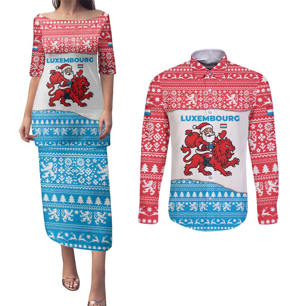 Luxembourg Christmas Couples Matching Puletasi and Long Sleeve Button Shirt with Santa Claus Red Lion Snowflake Pattern and National Flag Design - Wonder Print Shop