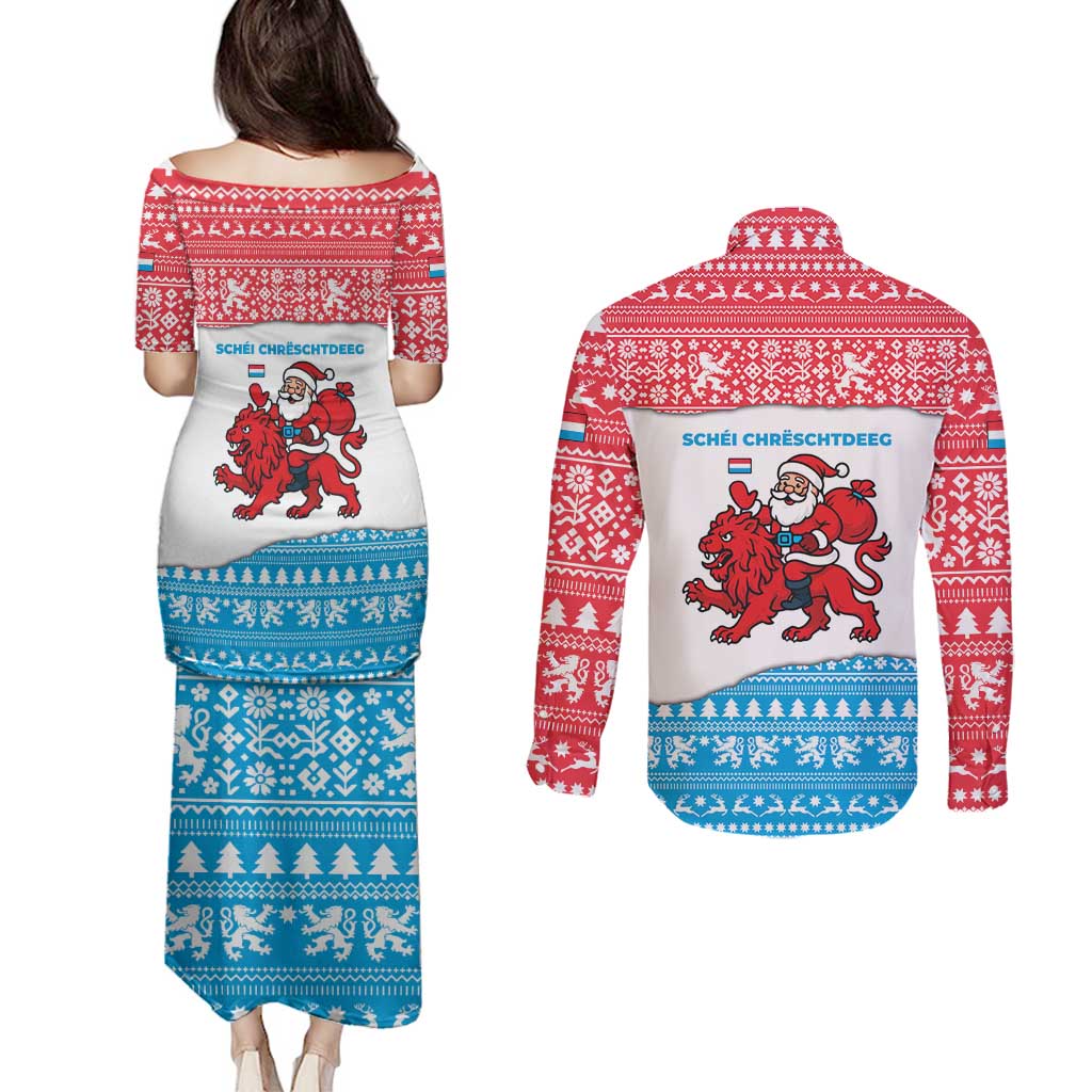 Luxembourg Christmas Couples Matching Puletasi and Long Sleeve Button Shirt with Santa Claus Red Lion Snowflake Pattern and National Flag Design - Wonder Print Shop
