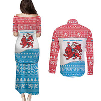 Luxembourg Christmas Couples Matching Puletasi and Long Sleeve Button Shirt with Santa Claus Red Lion Snowflake Pattern and National Flag Design - Wonder Print Shop