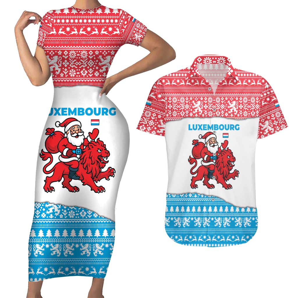 Luxembourg Christmas Couples Matching Short Sleeve Bodycon Dress and Hawaiian Shirt with Santa Claus Red Lion Snowflake Pattern and National Flag Design - Wonder Print Shop
