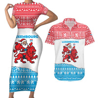 Luxembourg Christmas Couples Matching Short Sleeve Bodycon Dress and Hawaiian Shirt with Santa Claus Red Lion Snowflake Pattern and National Flag Design - Wonder Print Shop