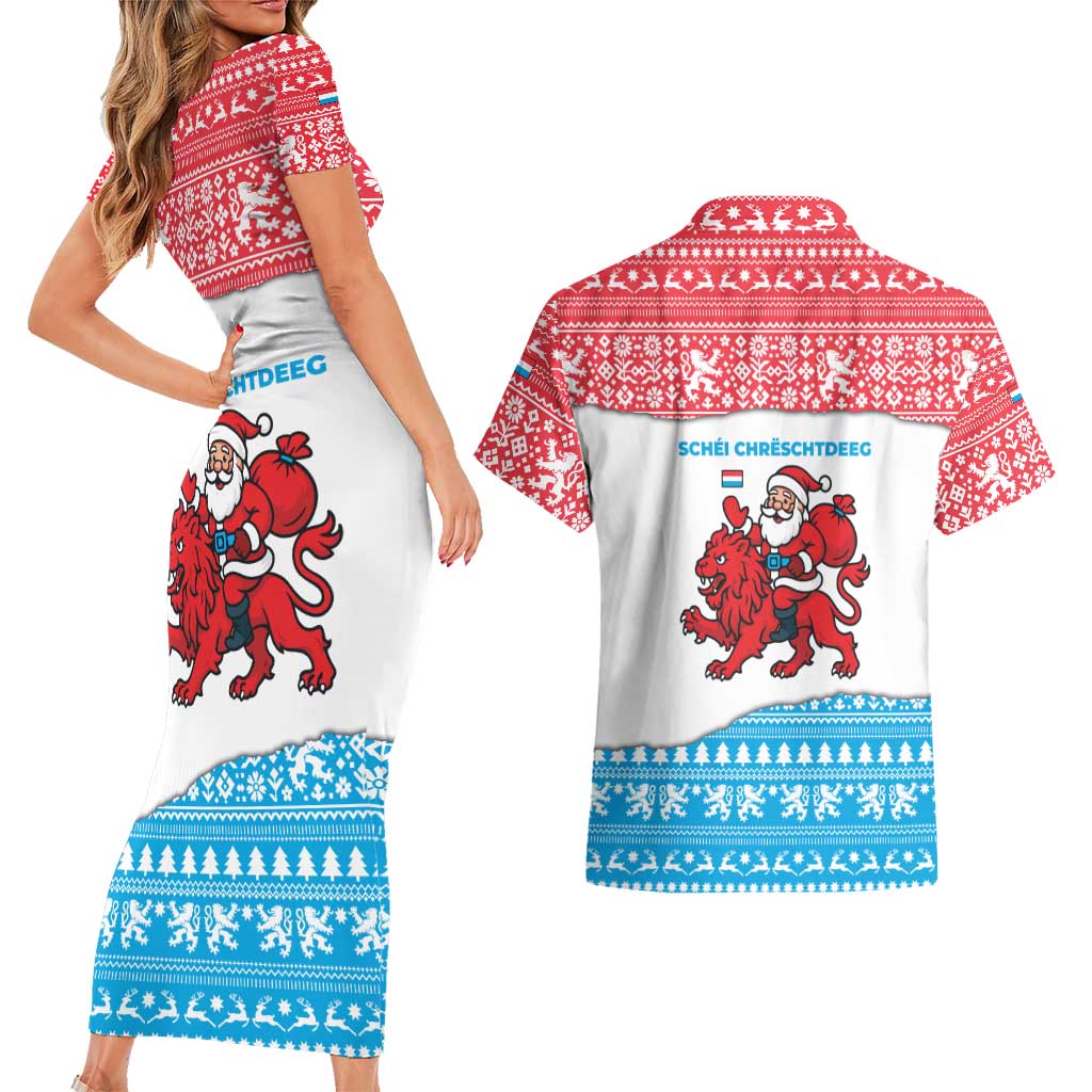 Luxembourg Christmas Couples Matching Short Sleeve Bodycon Dress and Hawaiian Shirt with Santa Claus Red Lion Snowflake Pattern and National Flag Design - Wonder Print Shop