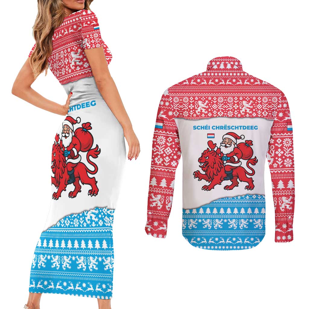 Luxembourg Christmas Couples Matching Short Sleeve Bodycon Dress and Long Sleeve Button Shirt with Santa Claus Red Lion Snowflake Pattern and National Flag Design - Wonder Print Shop