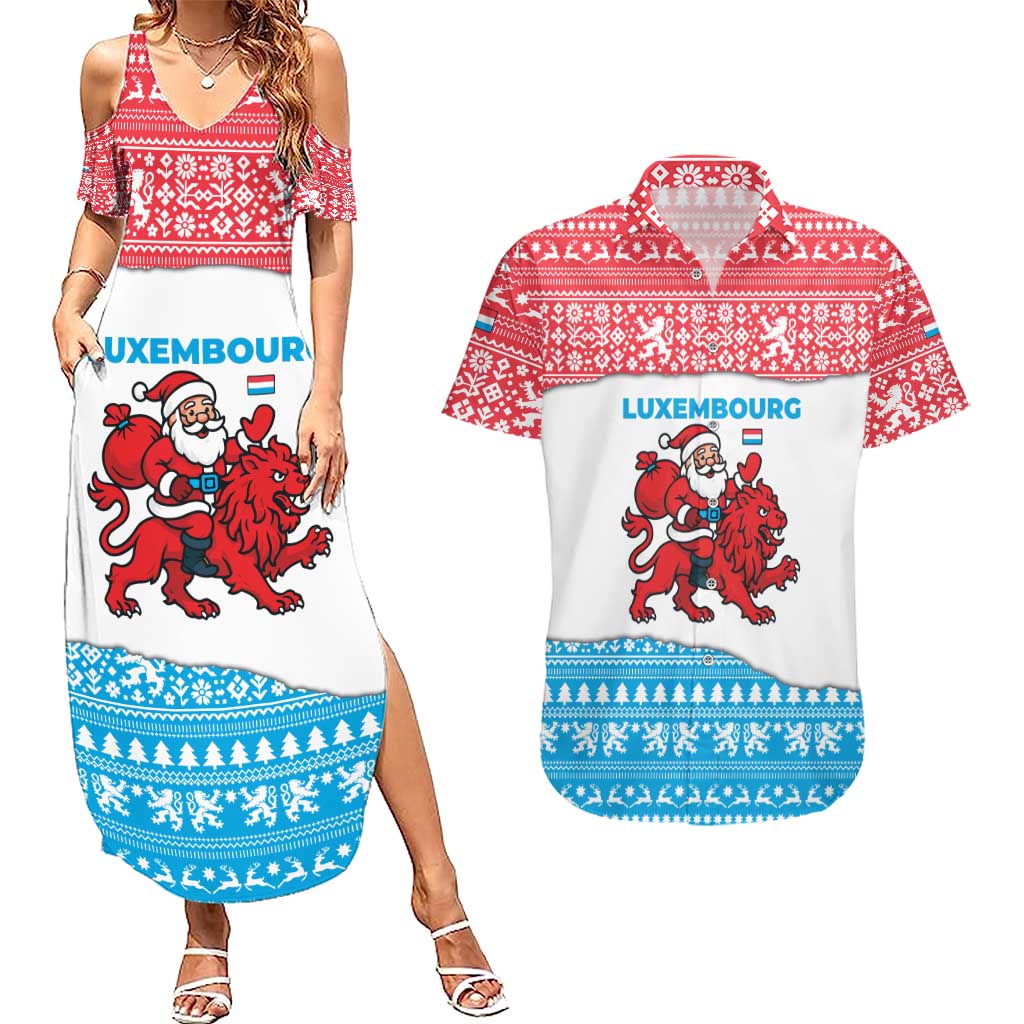 Luxembourg Christmas Couples Matching Summer Maxi Dress and Hawaiian Shirt with Santa Claus Red Lion Snowflake Pattern and National Flag Design - Wonder Print Shop
