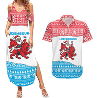 Luxembourg Christmas Couples Matching Summer Maxi Dress and Hawaiian Shirt with Santa Claus Red Lion Snowflake Pattern and National Flag Design - Wonder Print Shop