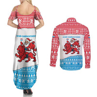 Luxembourg Christmas Couples Matching Summer Maxi Dress and Long Sleeve Button Shirt with Santa Claus Red Lion Snowflake Pattern and National Flag Design - Wonder Print Shop