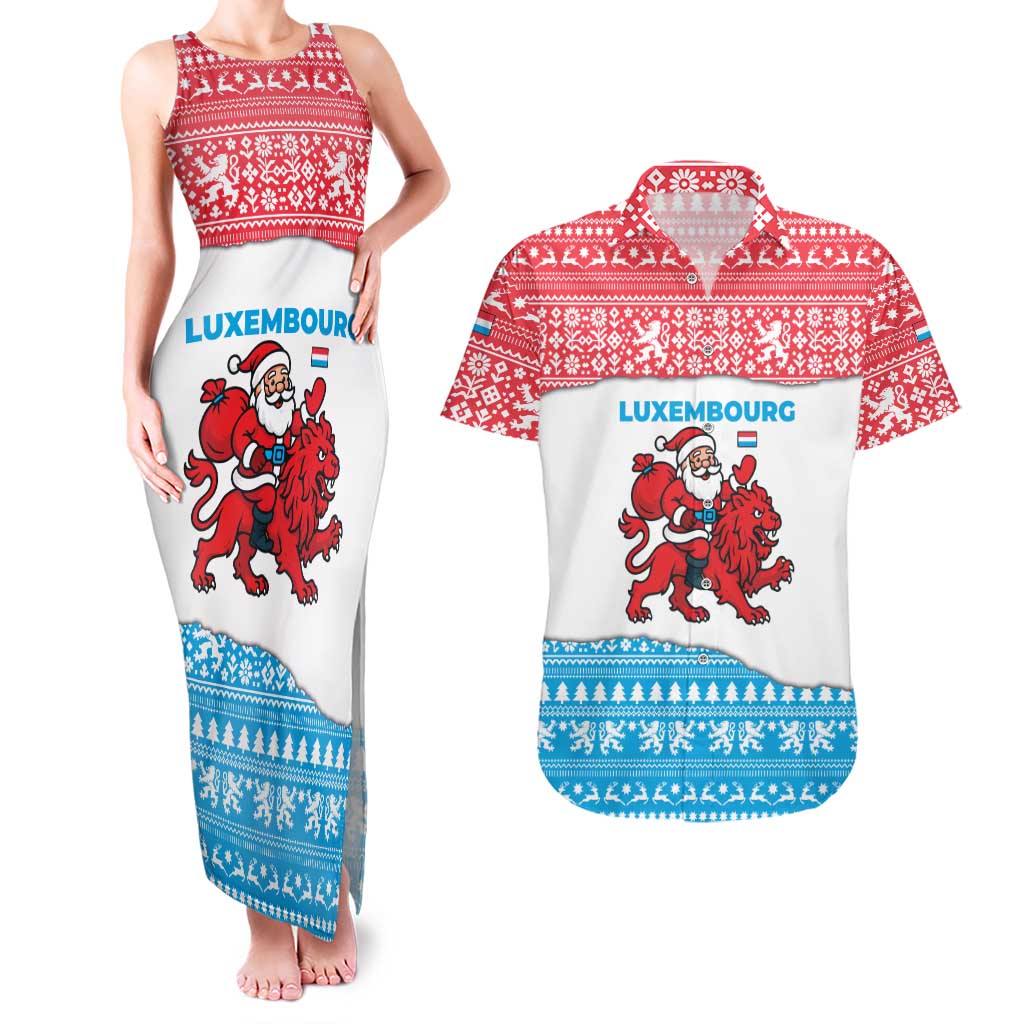 Luxembourg Christmas Couples Matching Tank Maxi Dress and Hawaiian Shirt with Santa Claus Red Lion Snowflake Pattern and National Flag Design - Wonder Print Shop