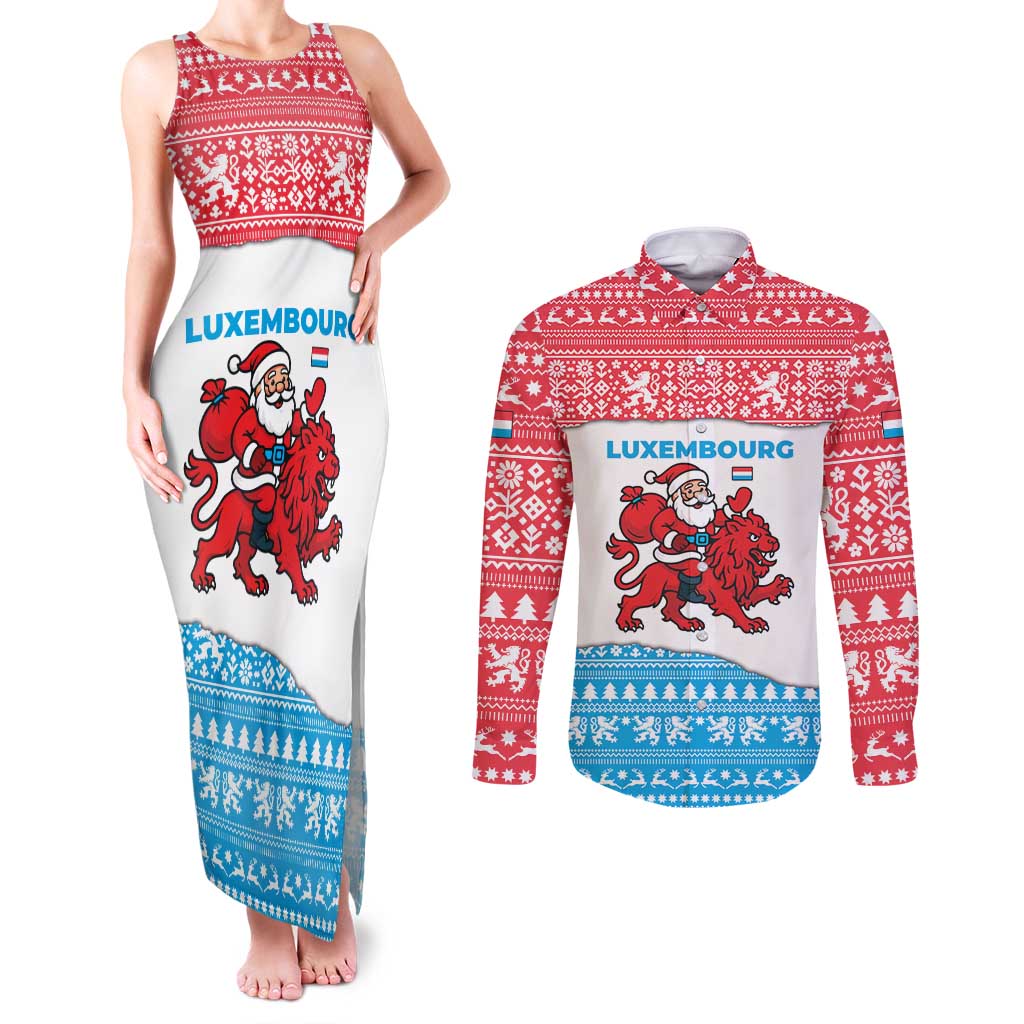 Luxembourg Christmas Couples Matching Tank Maxi Dress and Long Sleeve Button Shirt with Santa Claus Red Lion Snowflake Pattern and National Flag Design - Wonder Print Shop