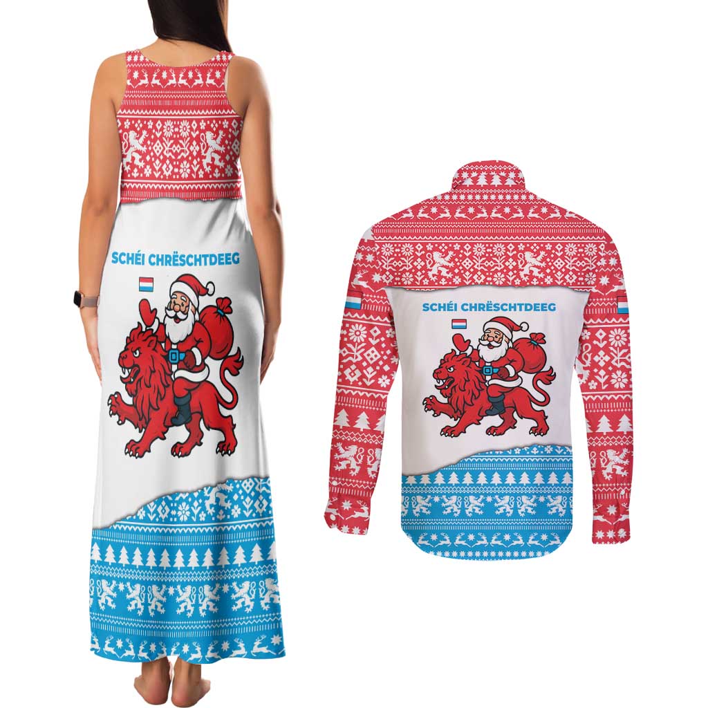 Luxembourg Christmas Couples Matching Tank Maxi Dress and Long Sleeve Button Shirt with Santa Claus Red Lion Snowflake Pattern and National Flag Design - Wonder Print Shop