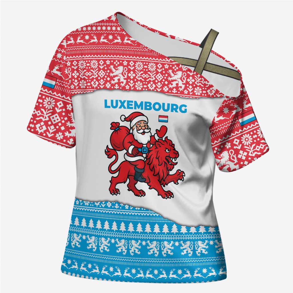 Luxembourg Christmas Cross Shoulder Shirt with Santa Claus Red Lion Snowflake Pattern and National Flag Design - Wonder Print Shop