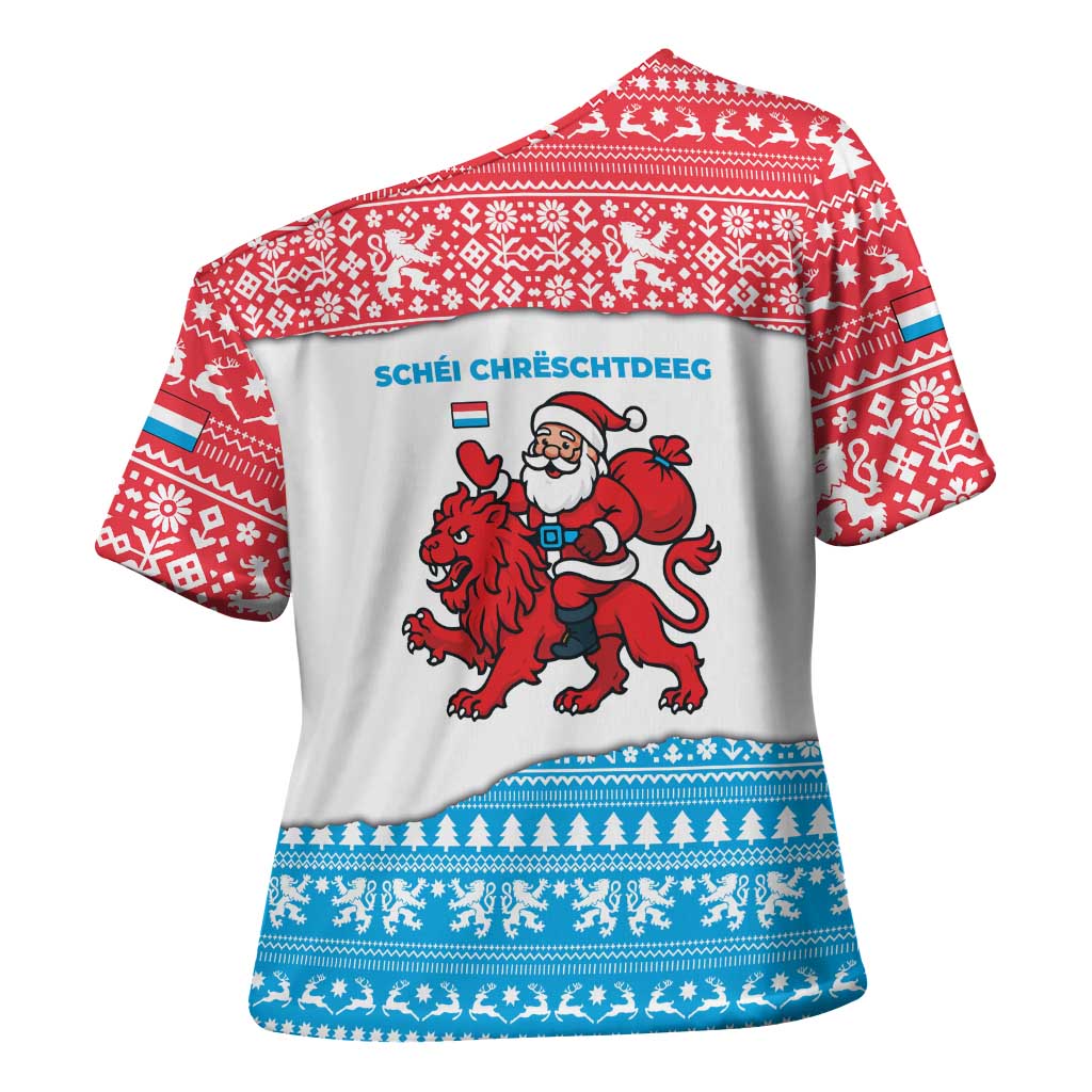 Luxembourg Christmas Cross Shoulder Shirt with Santa Claus Red Lion Snowflake Pattern and National Flag Design - Wonder Print Shop